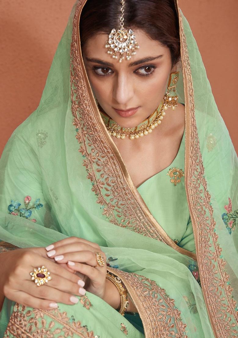 Green Embroidered Silk Kurta Set - Indya
