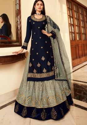Blue Embroidered Satin Kurta Set