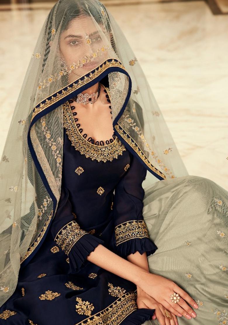 Blue Embroidered Satin Kurta Set - Indya