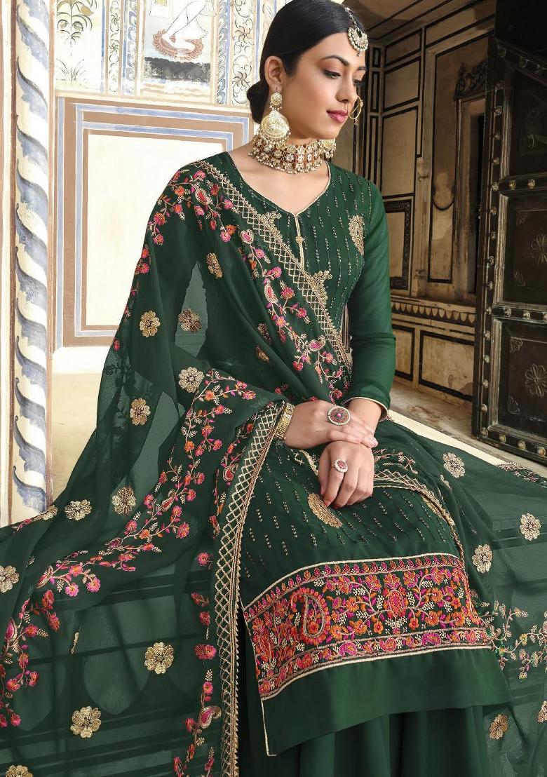 Green Embroidered Georgette Kurta Set - Indya