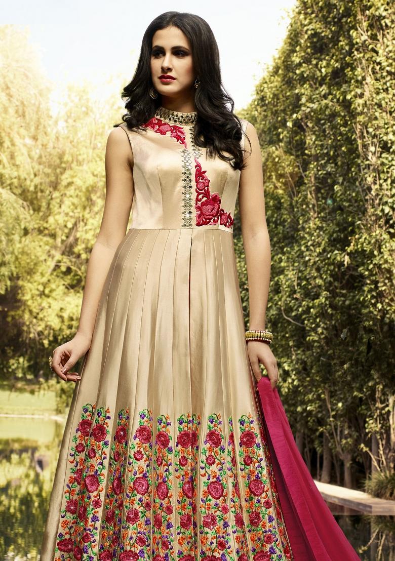 Pink Embroidered Silk Kurta Set - Indya