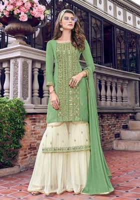Green Embroidered Tussar Kurta Set
