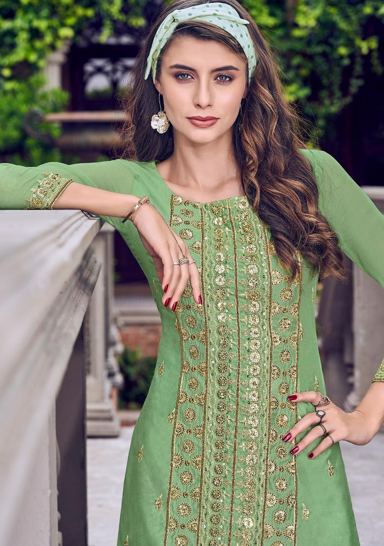 Green Embroidered Tussar Kurta Set - Indya