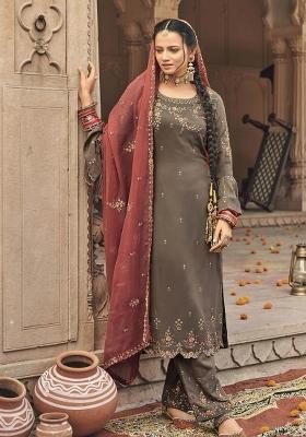 Beige Embroidered Georgette Kurta Set