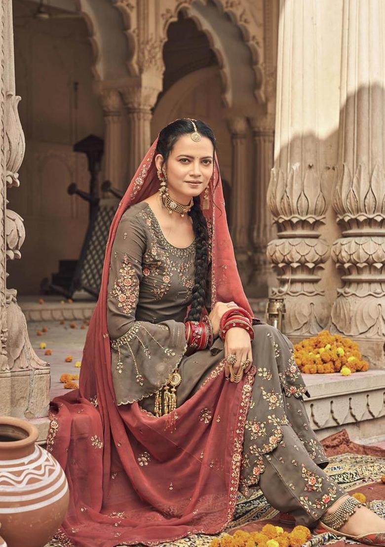 Beige Embroidered Georgette Kurta Set - Indya