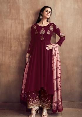 Maroon Embroidered Silk Kurta Set