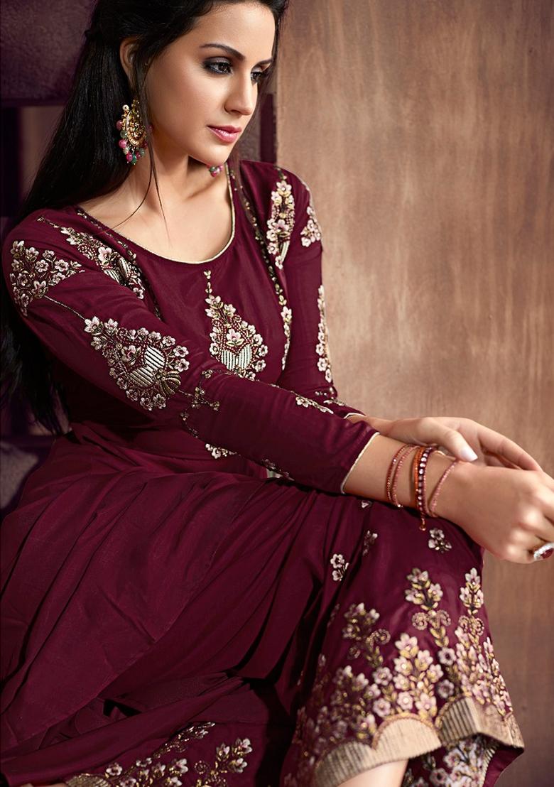 Maroon Embroidered Silk Kurta Set - Indya