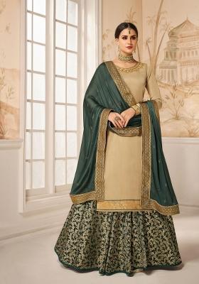 Beige Embroidered Satin Kurta Set
