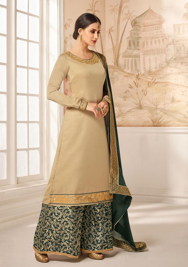 Beige Embroidered Satin Kurta Set - Indya