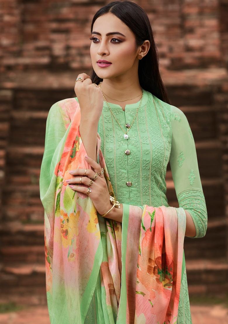 Green Embroidered Georgette Kurta Set - Indya