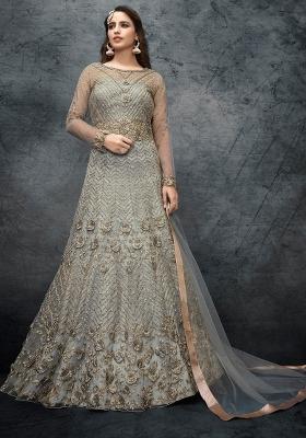 Grey Embroidered Net Kurta Set