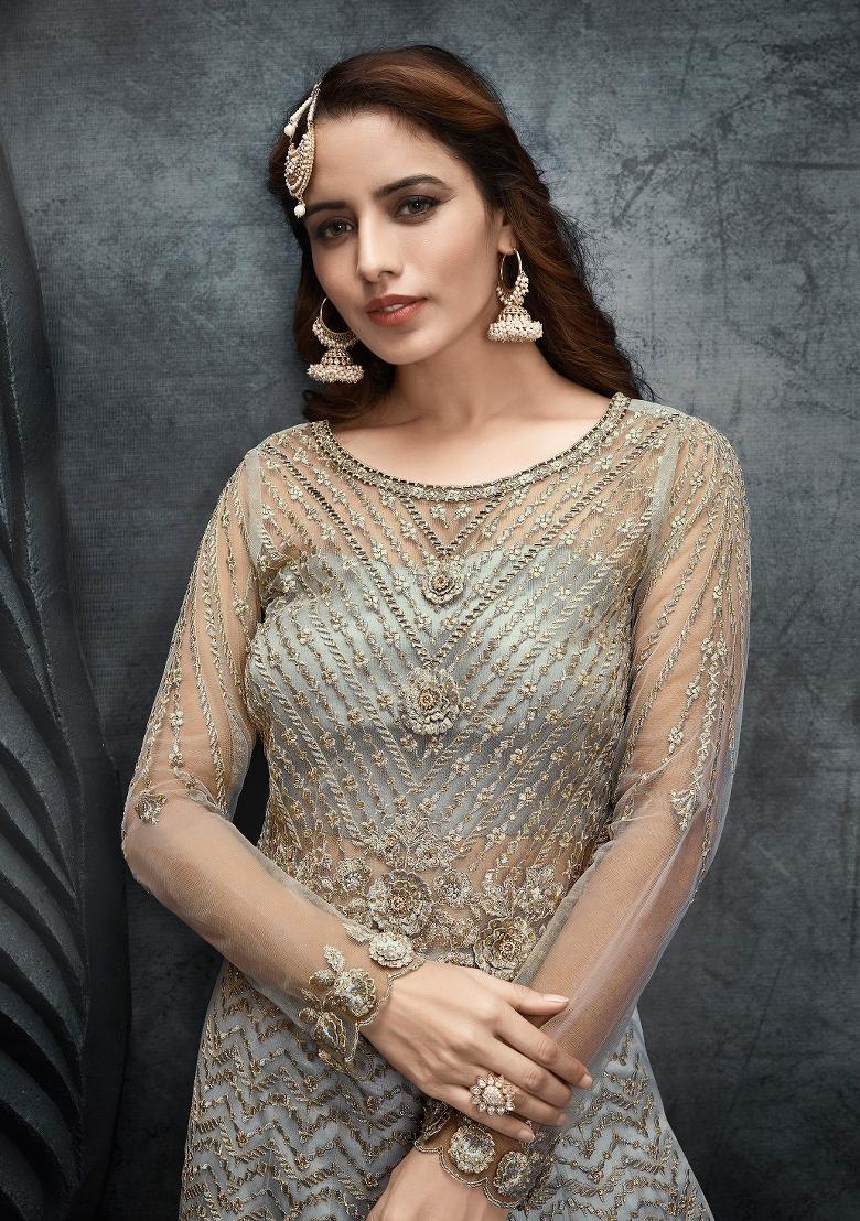 Grey Embroidered Net Kurta Set - Indya