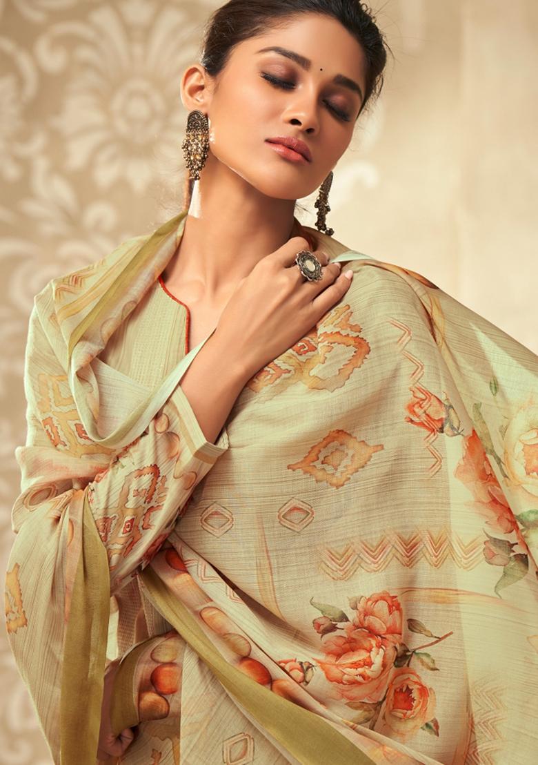 Beige Embroidered Cotton Kurta Set - Indya
