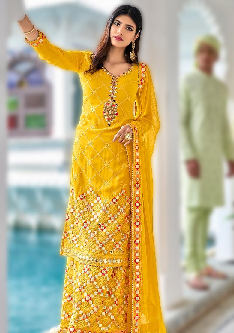 Yellow Embroidered Georgette Kurta Set - Indya
