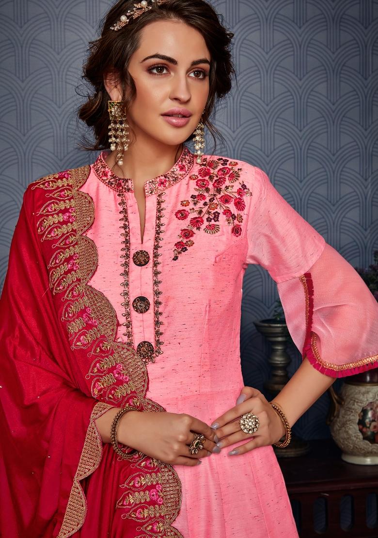 Pink Embroidered Silk Kurta Set - Indya