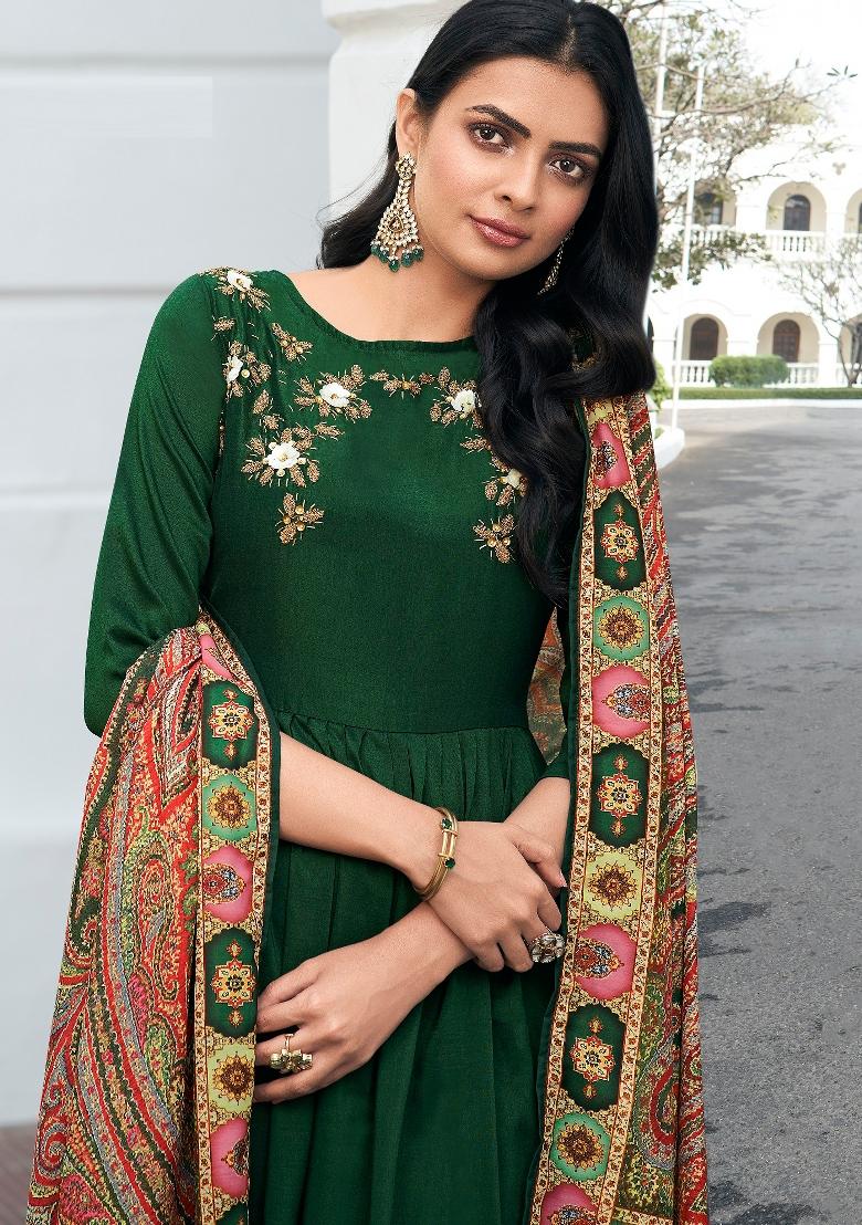 Green Embroidered Muslin Kurta Set - Indya