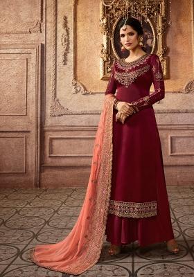 Maroon Embroidered Satin Kurta Set