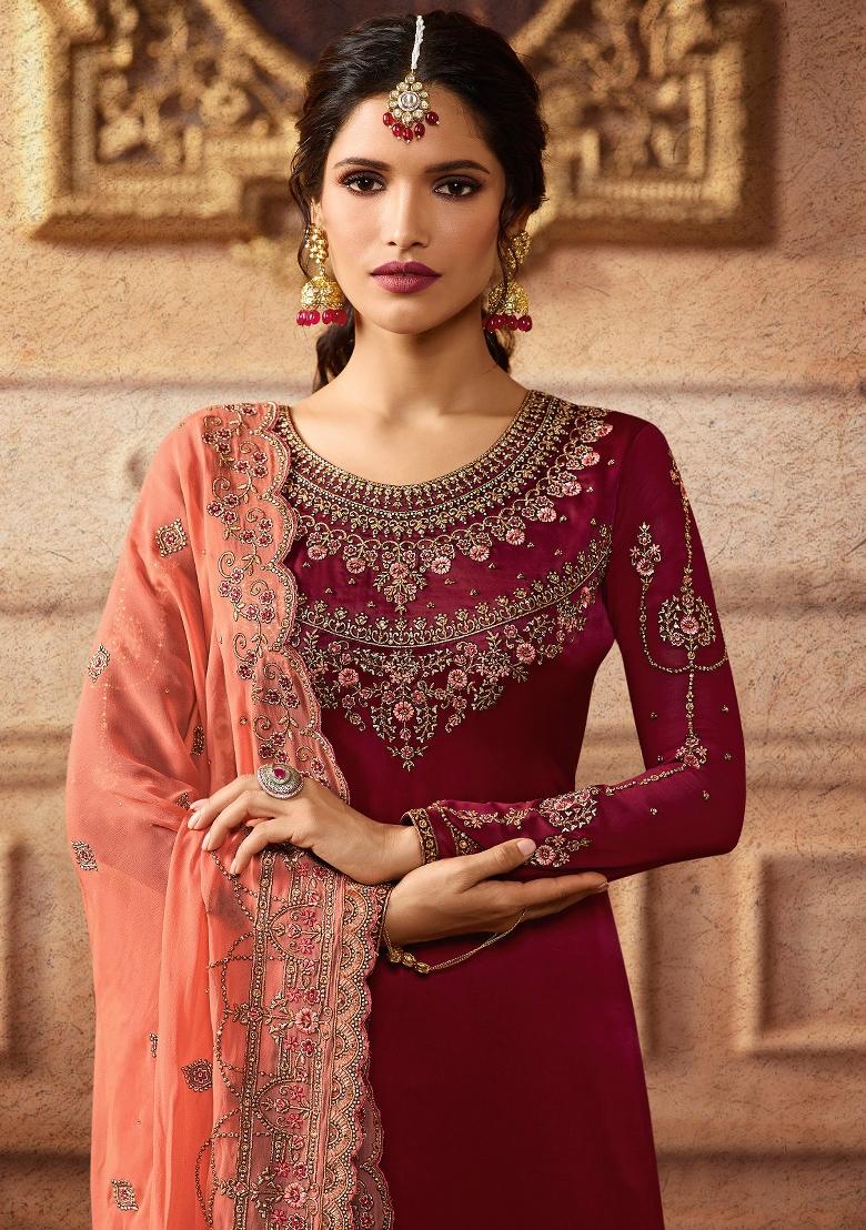 Maroon Embroidered Satin Kurta Set - Indya