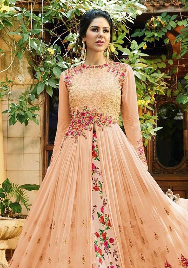 Light Orange Embroidered Georgette Kurta Set - Indya