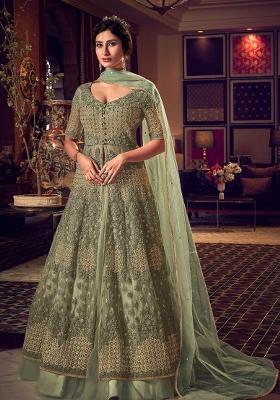 Green Embroidered Net Kurta Set