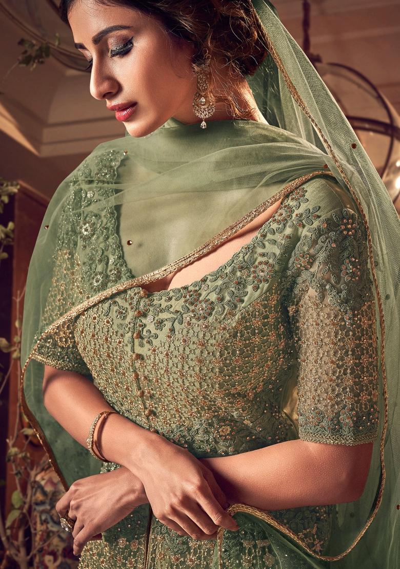 Green Embroidered Net Kurta Set - Indya