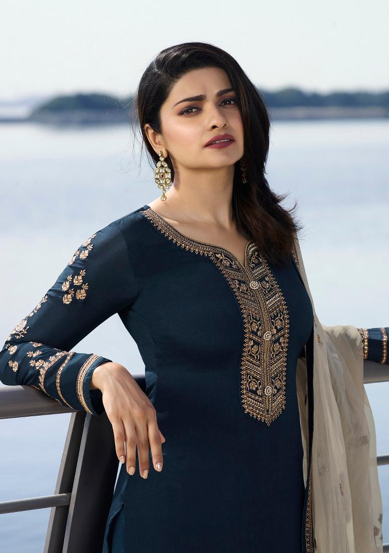 Blue Embroidered Silk Kurta Set - Indya