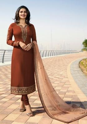 Brown Embroidered Silk Kurta Set