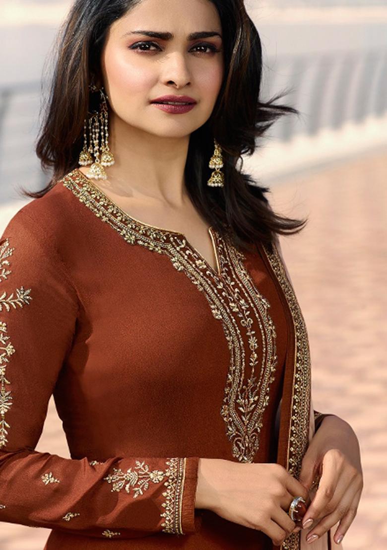Brown Embroidered Silk Kurta Set - Indya