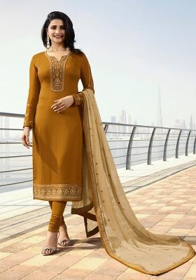 Mustard Embroidered Silk Kurta Set