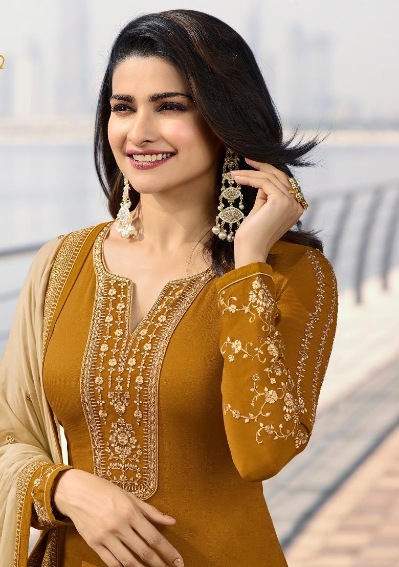 Mustard Embroidered Silk Kurta Set - Indya