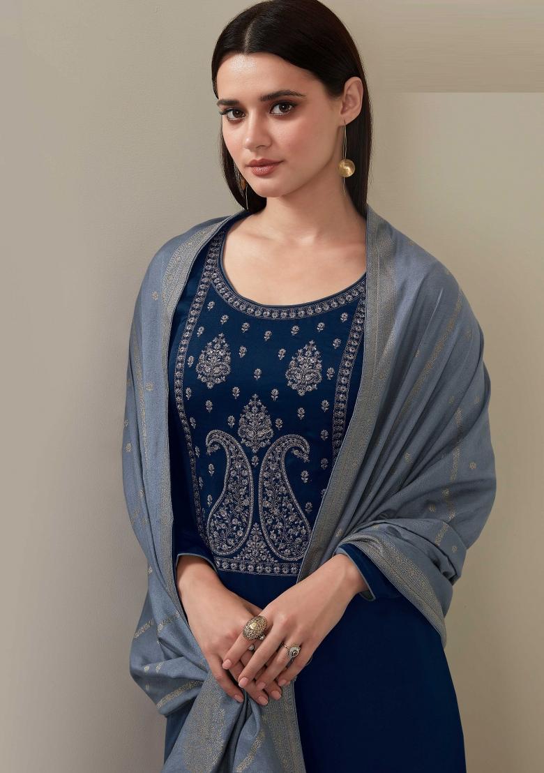 Blue Embroidered Silk Kurta Set - Indya