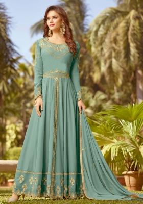 Blue Embroidered Georgette Kurta Set
