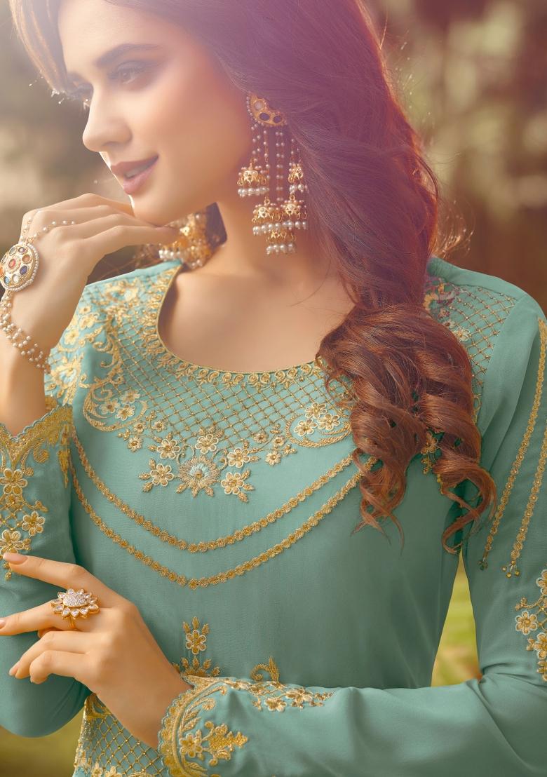 Blue Embroidered Georgette Kurta Set - Indya