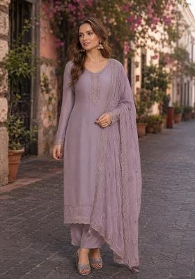 Purple Embroidered Crepe Kurta Set