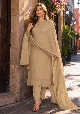 Brown Embroidered Crepe Kurta Set