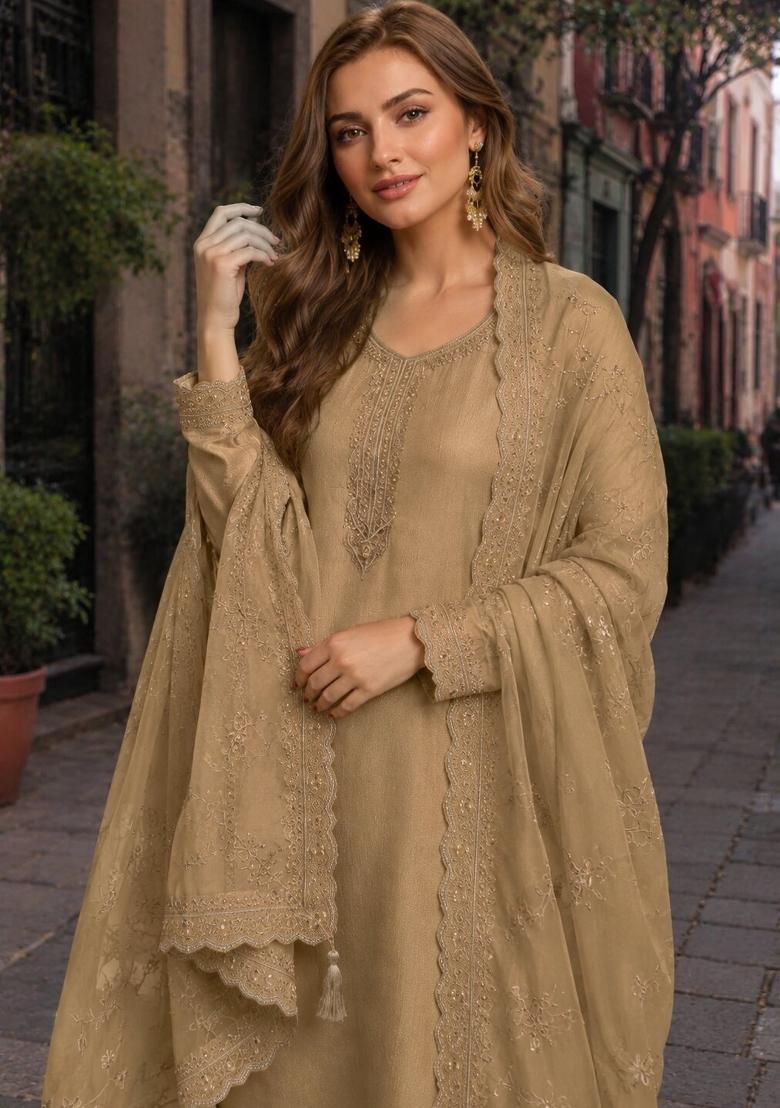 Brown Embroidered Crepe Kurta Set - Indya