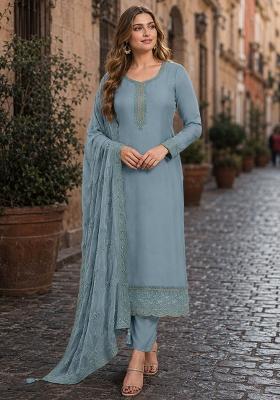 Blue Embroidered Crepe Kurta Set