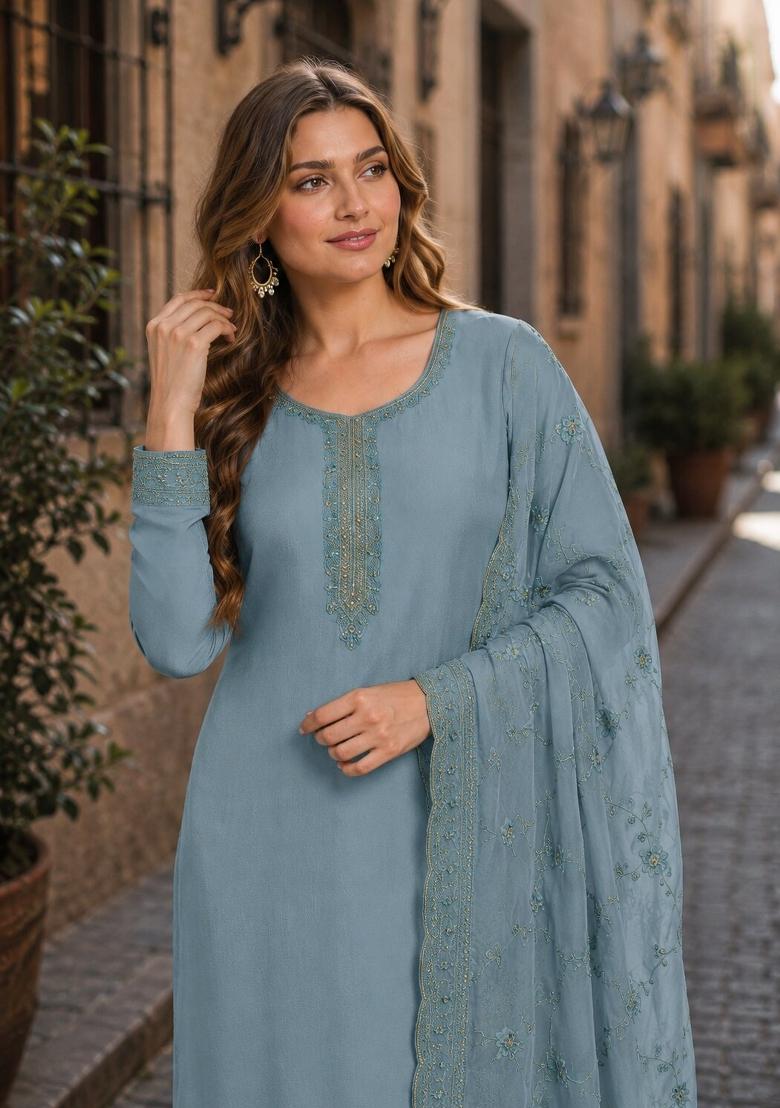 Blue Embroidered Crepe Kurta Set - Indya