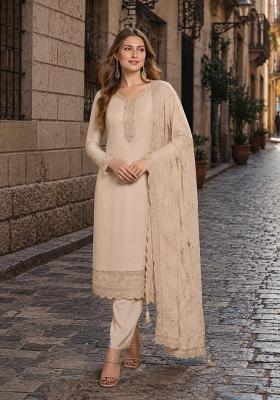 Beige Embroidered Crepe Kurta Set