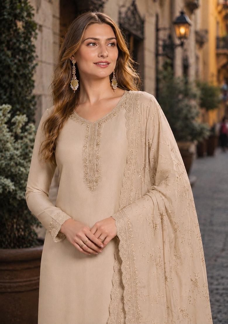 Beige Embroidered Crepe Kurta Set - Indya
