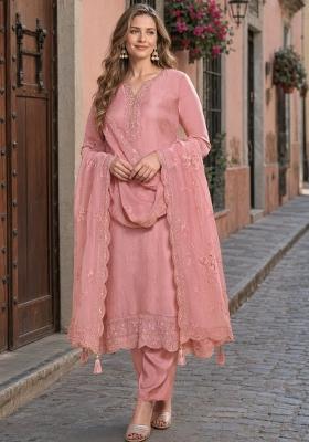 Peach Embroidered Crepe Kurta Set