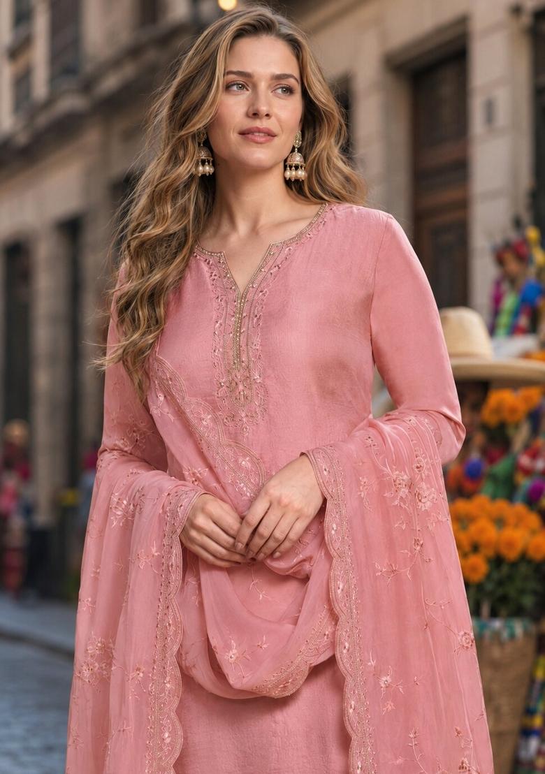 Peach Embroidered Crepe Kurta Set - Indya