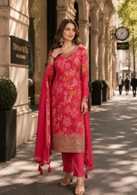 Red Printed Silk Kurta Set