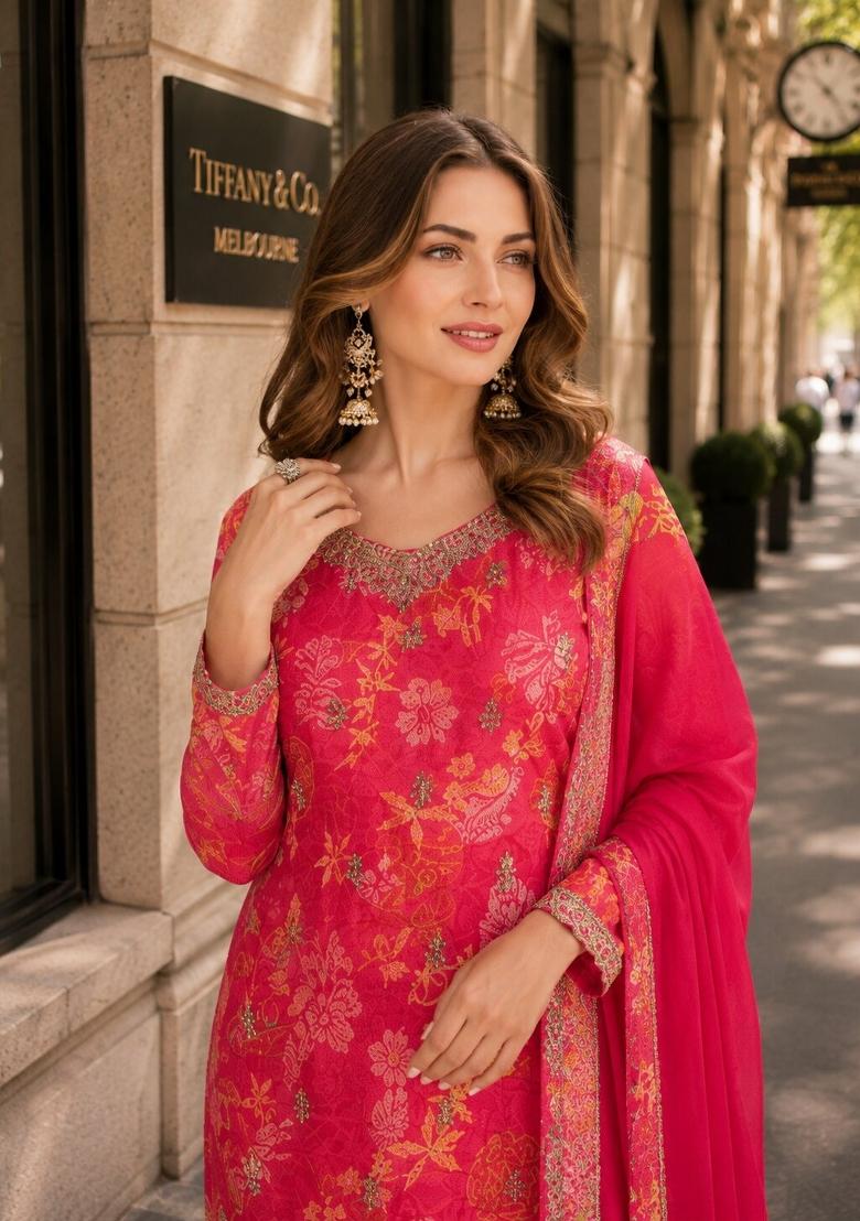 Red Printed Silk Kurta Set - Indya