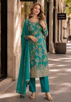 Teal Green Printed Silk Kurta Set