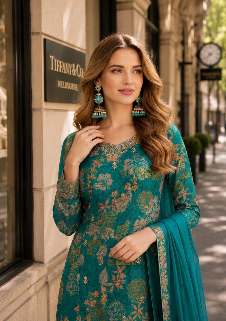 Teal Green Printed Silk Kurta Set - Indya