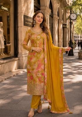 Mustard Printed Silk Kurta Set