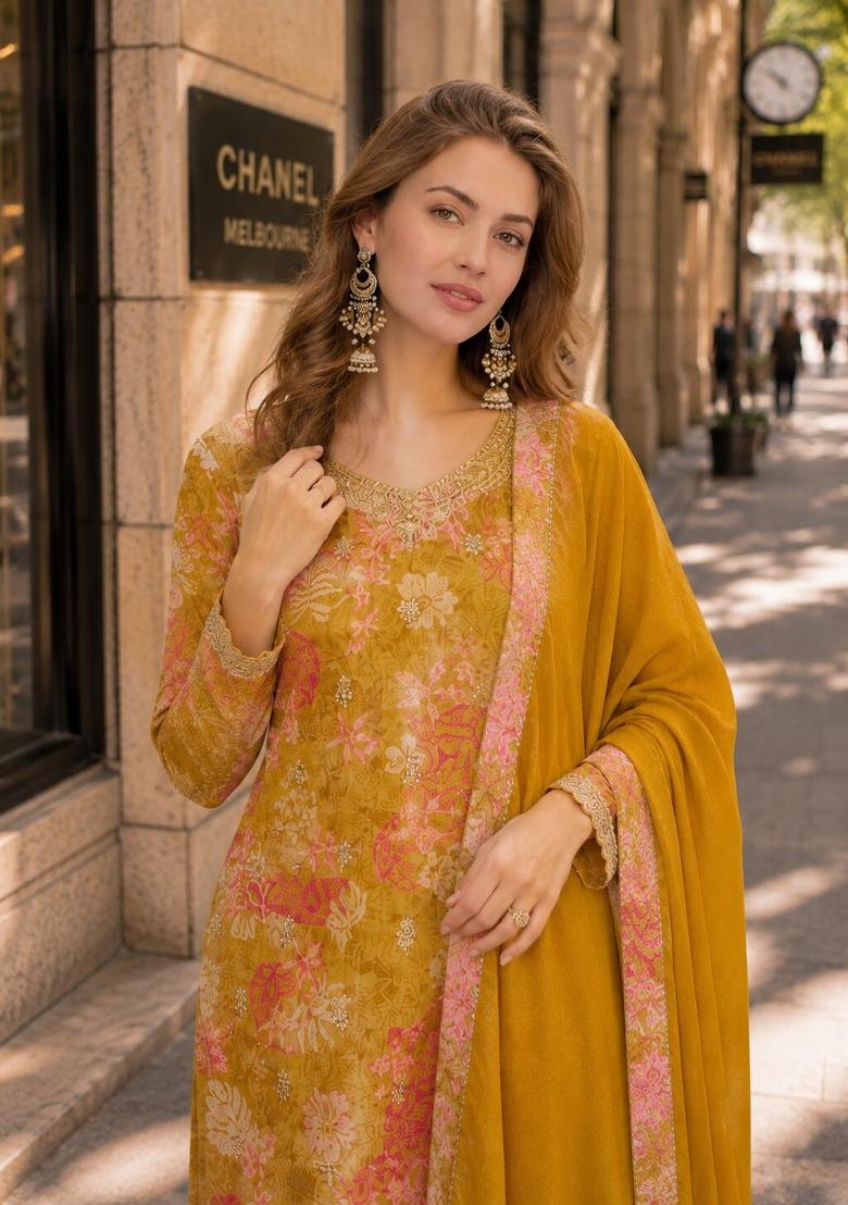 Mustard Printed Silk Kurta Set - Indya