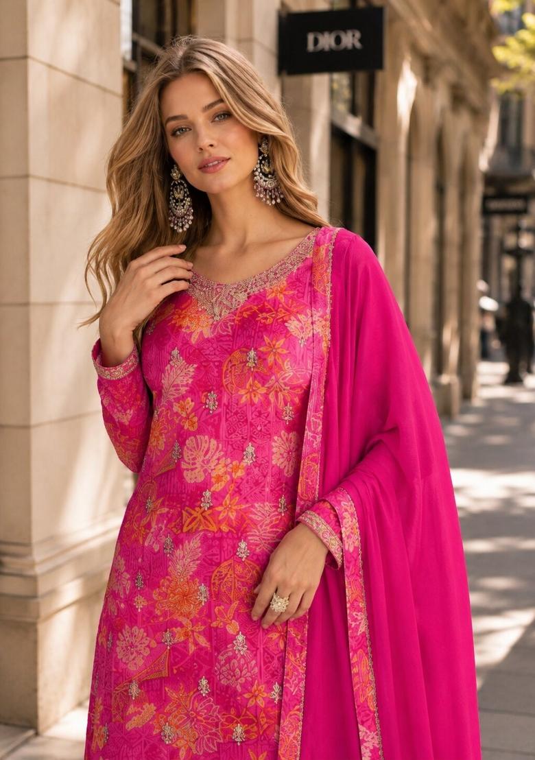 Magenta Printed Silk Kurta Set - Indya