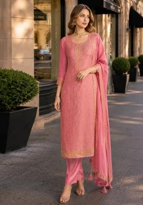 Peach Jacquard Viscose Kurta Set